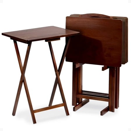 PJ Wood Folding Wooden TV Tray Table - Collapsible Storage Rack - 5 Piece Set Walnut Brown