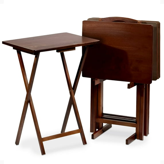 PJ Wood Folding Wooden TV Tray Tables w/ Collapsible Storage Rack, Walnut Brown, 5 Pc Set