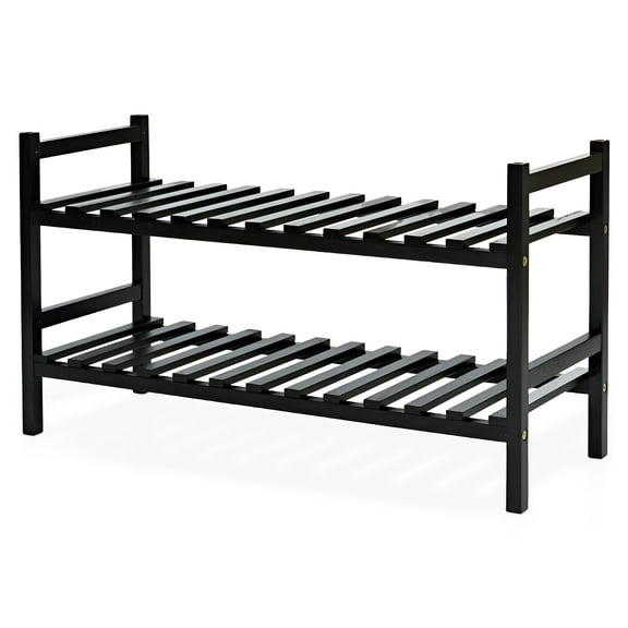 PJ Wood Stackable Wood Shoe Rack Organizer Shelf Closet Entryway Bedroom, Black