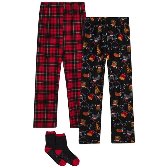 PJ's & Presents Boys' Christmas Pajama Pants - 2 Pack Flannel Fleece Sleep Pants with Socks (4-18)