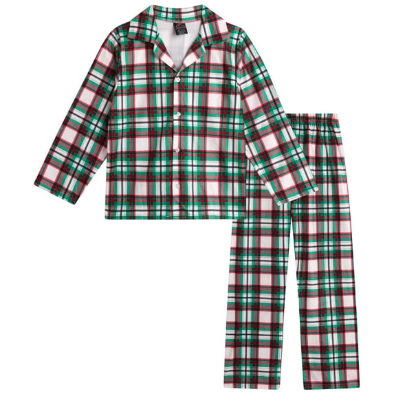 PJ's & Presents Boys' Christmas Pajamas - 2 Piece Plaid Flannel Coat Front Holiday Pajama Pants Set