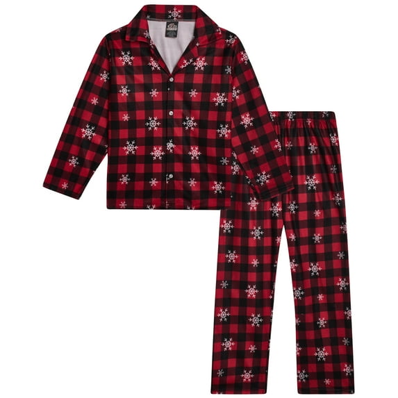 PJ's & Presents Boys' Christmas Pajamas - 2 Piece Plaid Flannel Coat Front Holiday Pajama Pants Set