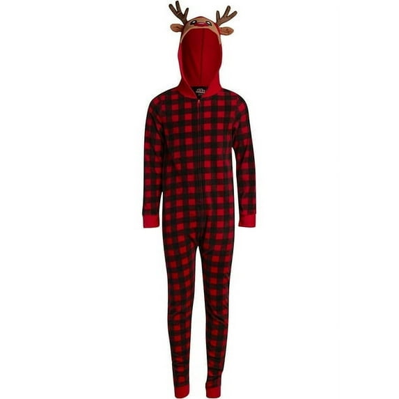 PJ's & Presents Boys' Christmas Pajamas - One Piece Fleece Hooded Onesie Xmas Holiday Sleepwear (4-12)