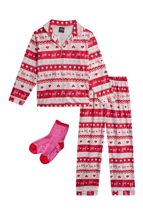 Girls' Christmas Pajamas - 2-Piece Flannel Christmas Pajama with Matching Socks (4-16)
