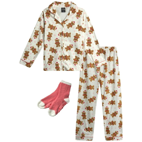 PJ's & Presents Girls' Christmas Pajamas - 2-Piece Flannel Christmas Pajama with Matching Socks (4-16)