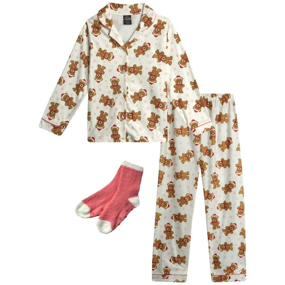 PJ's & Presents Girls' Christmas Pajamas - 2-Piece Flannel Christmas Pajama with Matching Socks (4-16)
