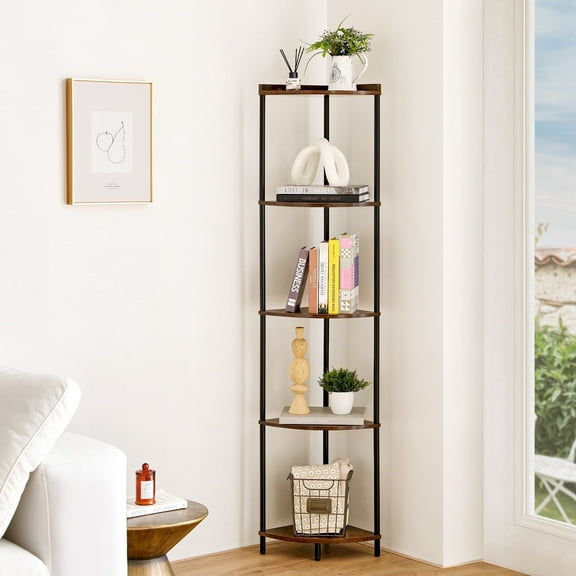 PJCOLL 5-Tier Corner Shelf Bookcase, 65" Wall Corner Bookshelf Corner Shelf Stand for Bedroom,Living Room, Berry Brown(1Pcs)