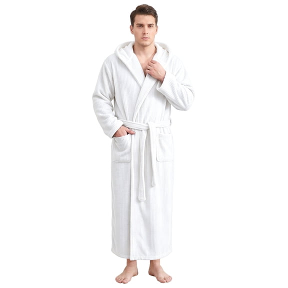 Neweven Full Length Mens Robe, Soft Cozy Absorbent Big And Tall Microfiber Hooded Bathrobe (White,L/XL)