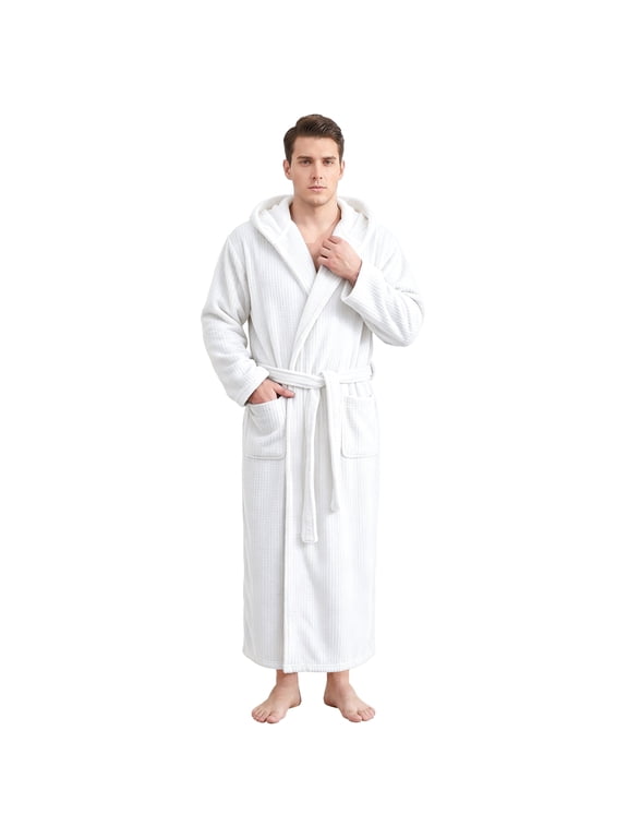Full Length Mens Robe, Soft Cozy Absorbent Big And Tall Microfiber Hooded Bathrobe (White,L/XL)