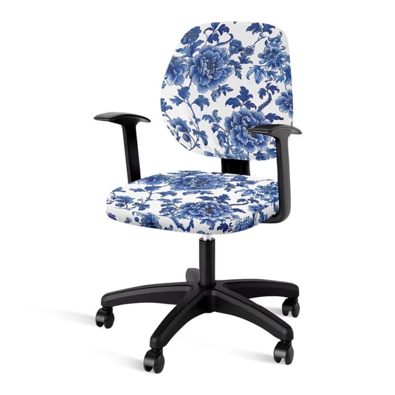PJHEQOXE Blue White Floral Print 2 Pcs Office Chair Covers Set Computer Universal Protective Stretchable Chair Seat Covers Slipcovers Pads Office Cushion Backrest for Rotating