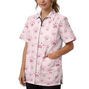 PJHEQOXE Cute Cat Paw Prints Unisex Pet Grooming Smock, Water Resistant Zip Up Workwear with 3 Pockets, Professional Groomer Uniform for Dog Cat Grooming