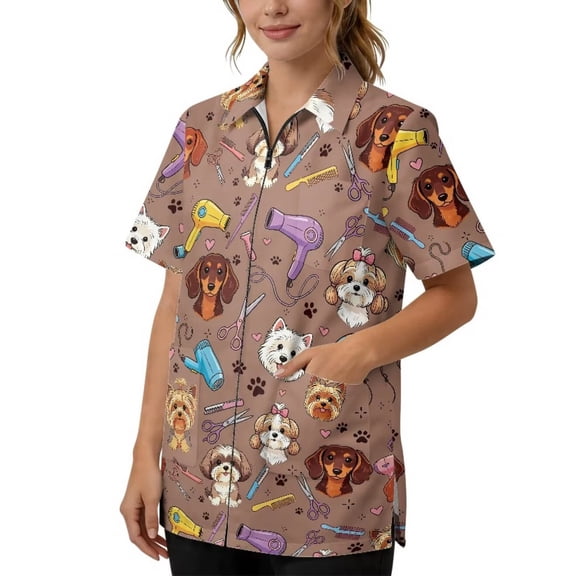 PJHEQOXE Pet Grooming Theme Unisex Pet Grooming Smock, Water Resistant Zip Up Workwear with 3 Pockets, Professional Groomer Uniform for Dog Cat Grooming (Brown)