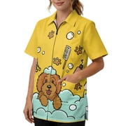 PJHEQOXE Unisex Work Smock for Pet Groomers, Water Resistant Zip Up Workwear with 3 Pockets, Professional Groomer Uniform for Dog Cat Grooming Yellow Teddy Bath Print Medium