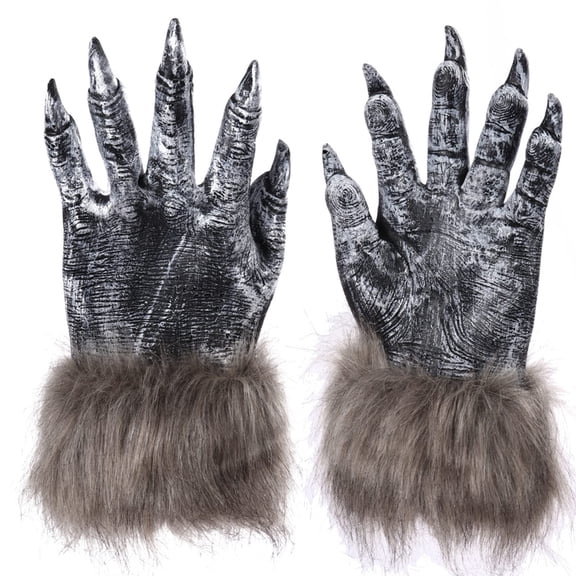 PJKOBMJ Gray Werewolf Claw Gloves, Scary Furry Wolf Hand Gloves for Adult Halloween Cosplay Costume