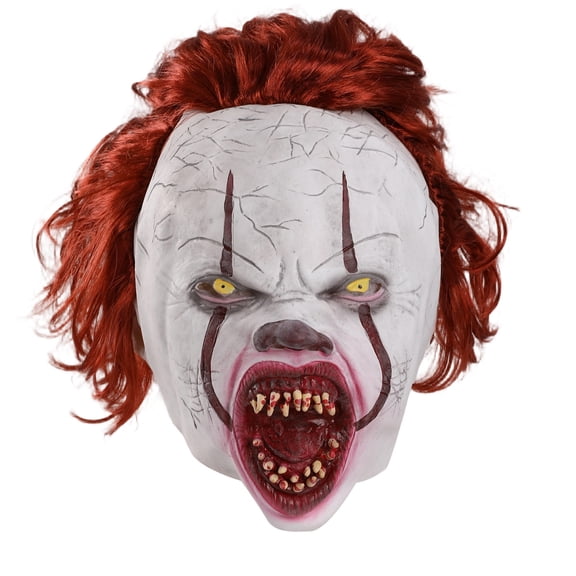 PJKOBMJ Scary Horror Clown Mask with Red Wig, Adult Latex Full Face Mask for Halloween Cosplay