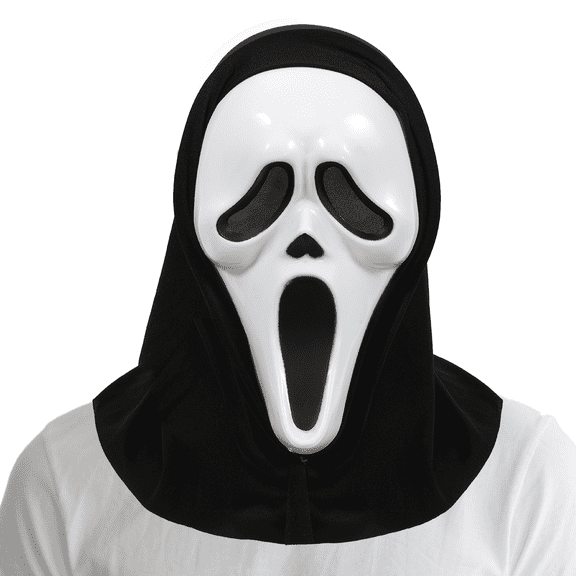 PJKOBMJ Screaming Ghost Plastic Mask with Black Hood, Adult Halloween Horror Cosplay Mask