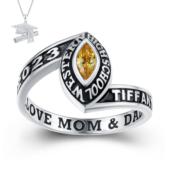 USA Mementos Customized Women's Class Ring Sterling Silver for High School and College Graduation