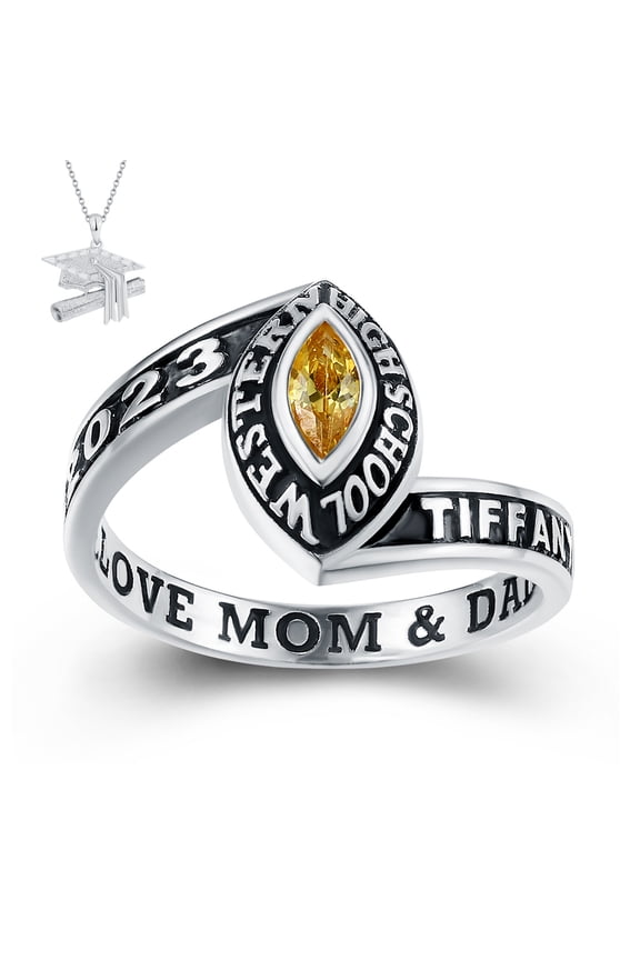 USA Mementos Customized Women's Class Ring Sterling Silver for High School and College Graduation
