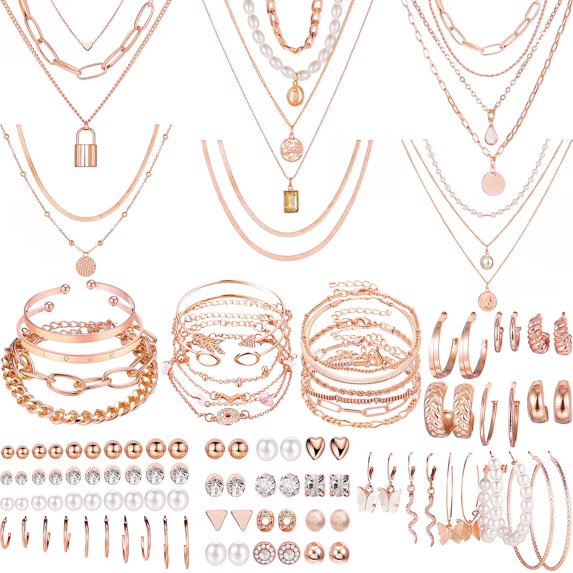 PJRYC 69 Pieces Gold Jewelry Set for Women Fashion Costume Jewelry Gold Plated Necklace Bracelet Earrings Set for Women