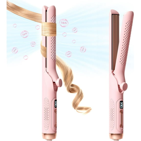 PJRYC Airflow 2 in 1 Straightener and Curler- 360° Airflow Styler Curling Iron, 1.25" Flat Iron Hair Straightener and Curler 2 in 1 for Short Long Hair, 5 Temps,Dual Voltage,Light Pink