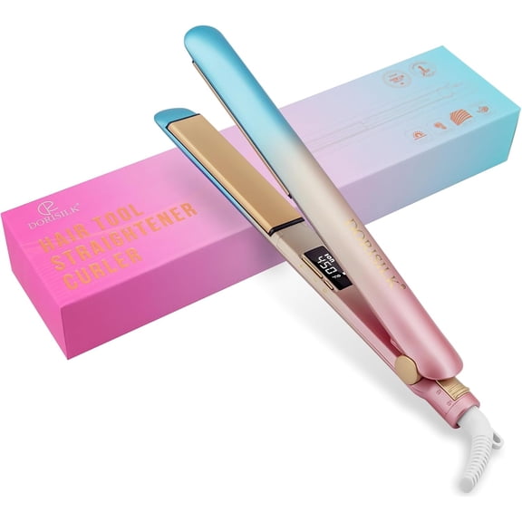 PJRYC Colorful Flat Iron 450 Degrees, Ceramic Hair Straightener and Curler 2 in 1, 30s Fast Heat Straightening Iron for Hair, Dual Voltage Hair Iron 1 Inch Salon Control Temp Gift for Women Girls