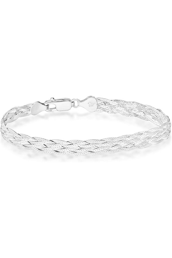 Italian 925 Sterling Silver, Tri-Color 18K Gold Plated 6-Strand Diamond-Cut 7mm Braided Herringbone Chain Bracelet for Women, Made in Italy