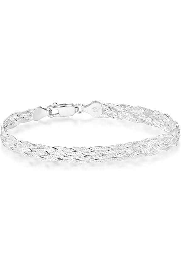 Italian 925 Sterling Silver, Tri-Color 18K Gold Plated 6-Strand Diamond-Cut 7mm Braided Herringbone Chain Bracelet for Women, Made in Italy