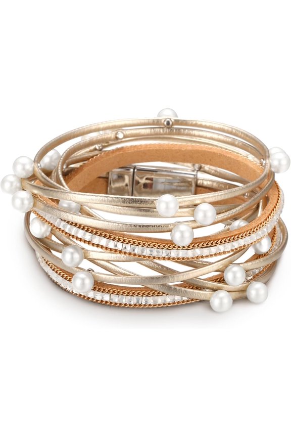 Leather Wrap Bracelets for Women, Boho Leopard Multi-Layer Crystal Beads Cuff Bracelet Jewelry