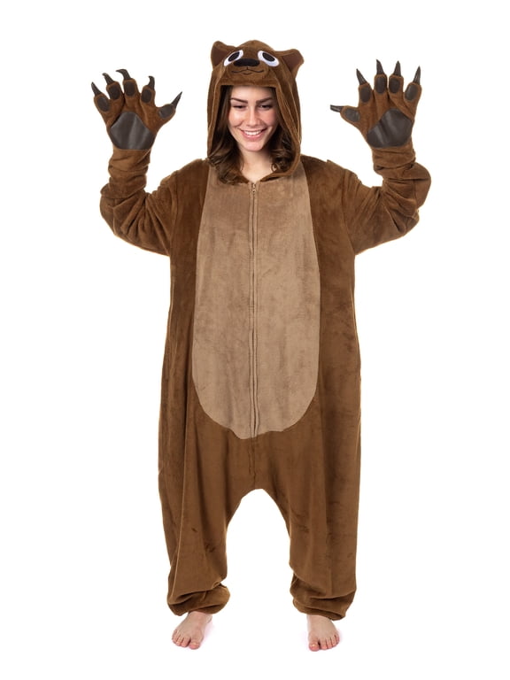 Brown Bear Union Suit Adult Kigurumi Hooded Costume Pajamas for Men and Women
