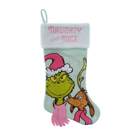 Dr. Seuss Grinch and Max 20 Inch Christmas Stocking with Pink Naughty and Nice Embroidery