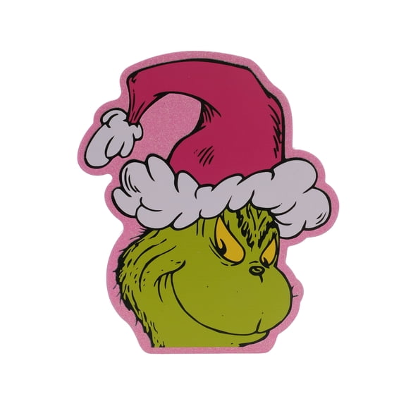Dr. Seuss The Grinch Chunky Wood Decoration with Pink Santa Hat and Glitter, 1 Piece