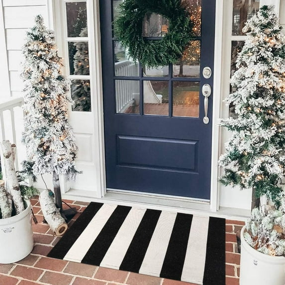PK.ZTopia Black and White Striped Rug 23.6 x 35.4 Inches Cotton Hand-Woven Reversible Foldable Washable Black and White Outdoor Rug Stripe for Layered Door Mats Porch/Front Door Black Rug