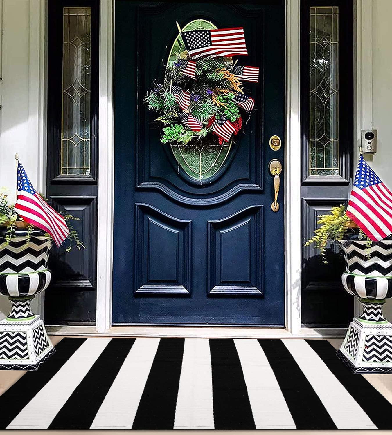 PK.ZTopia Black & White Striped Indoor Outdoor Rug, 27.5x43 Inches, Hand Woven Farmhouse Mat for