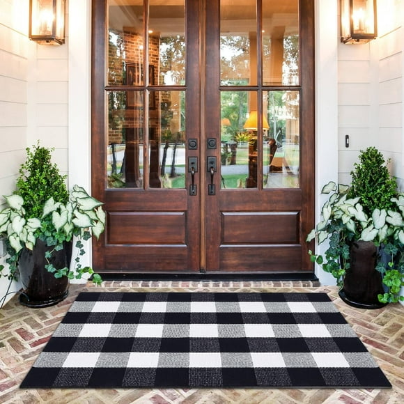 PK.ZTopia Buffalo Plaid Rug – 28"x 44" ,Buffalo Check Rug, Black White Plaid Check Farmhouse Cotton for Indoor / Outdoor Front Porch Runner Layered Doormat
