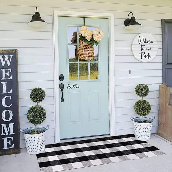 PK.ZTopia Buffalo Plaid  Rug, Buffalo Check Rug 23.6 x 51.2 Inches Cotton Hand-Woven Checkered Front Door Mat, Washable Black Outdoor Rugs for Layered Door Mats Porch/Front Porch/Farmhouse