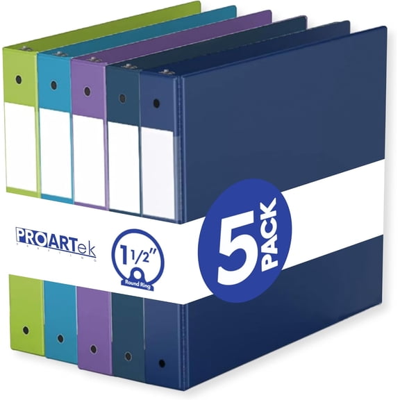PK00063 Model 231251 Pack of 5 Binders, Assorted Colors; 1.5-inch Round Ring, Office Binder, Durable Construction, Ergonomic Design, Multiple Colors Available