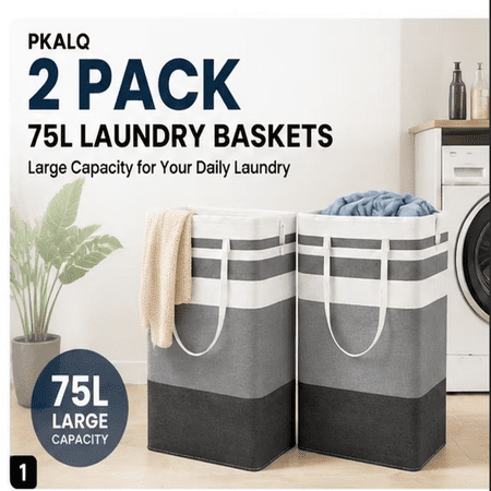 PKALQ 2 Pack Laundry Baskets, Collapsible Clothes Hamper, Freestanding Waterproof Dirty Clothes Hamper with Easy Carry Handles in Laundry Room, College Dorm, Bathroom, Bedroom 75L Gray