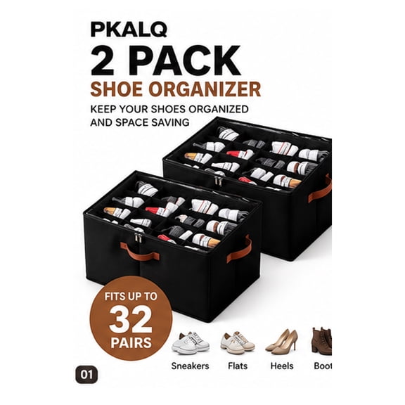 PKALQ 2 Pack Shoe Organizer for Closet, Foldable Shoe Storage Bins with Clear Cover, Space Saving Shoes Holder with 3 Handles, Shoe Box Storage Containers, Fits up to 32 Pairs, Black
