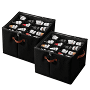 PKALQ 2 Pack Shoe Organizer for Closet, Foldable Shoe Storage Bins with Clear Cover, Space Saving Shoes Holder with 3 Handles, Shoe Box Storage Containers, Fits up to 32 Pairs, Black