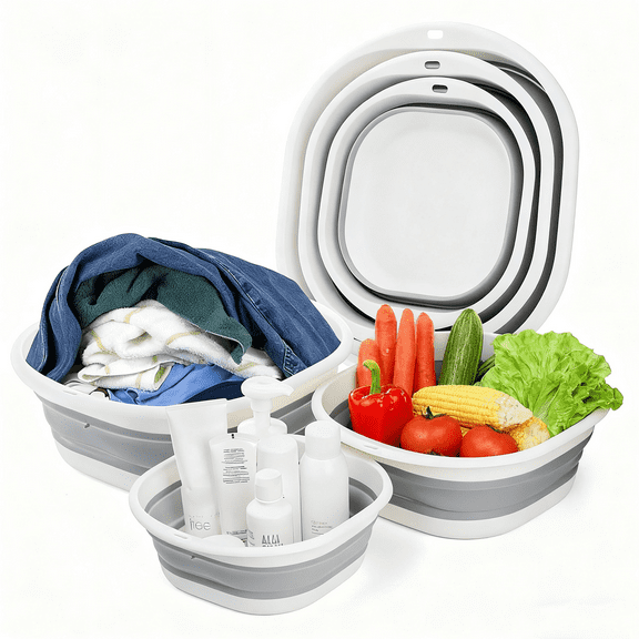 PKALQ Collapsible Dish Tub 3 Pack, Foldable Wash Basin, Space-Saving Collapsible Sink Camping for Dishing, Fruit, Beverage Tubs, Camping