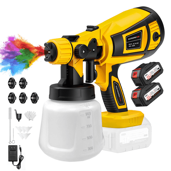 PKALQ Cordless Paint Sprayer with 2 X 4000mAh 21V Battery, 5 Nozzles & 3 Spray Modes, 1000ml Container, Copper Motor Spray Paint Gun for House Painting Fence Cabinets Wall