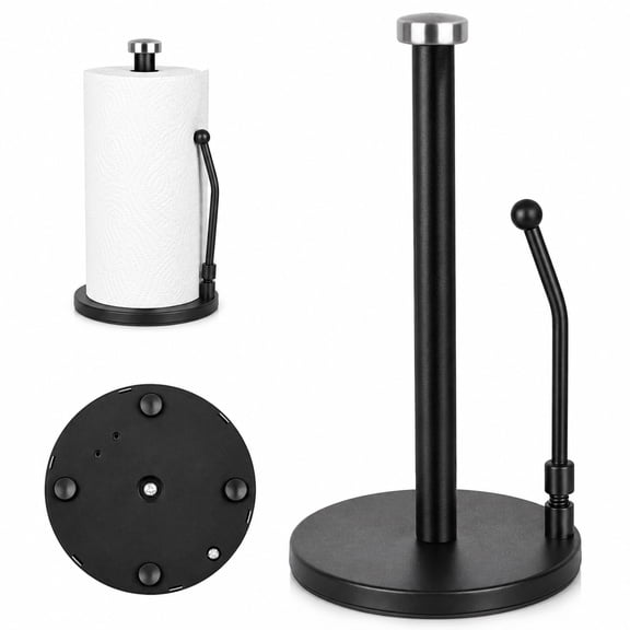 PKALQ Paper Towel Holder Countertop, Stainless Steel Paper Towel Roll Holder with Weighted Non-Slip Base & Spring Arm, One-Hand Tear Freestanding Stand for Kitchen, Bathroom, RV,Black