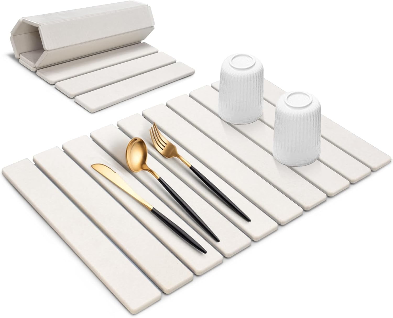 PKALQ Stone Drying Mat for Kitchen Counter, Collapsible Stone Dish Drying Mat for Countertop Bottles Utensils Cups, Quick Absorbent Dish Drying Stone Mat White 24"×16"