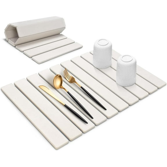 PKALQ Stone Drying Mat for Kitchen Counter, Collapsible Stone Dish Drying Mat for Countertop Bottles Utensils Cups, Quick Absorbent Dish Drying Stone Mat White 24"×16"