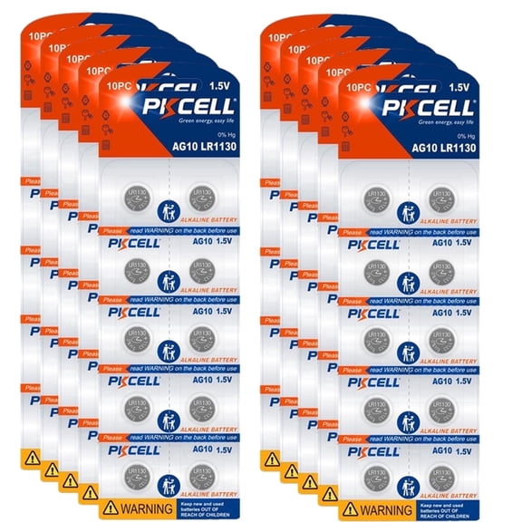 PKCELL 100 Pcs LR1130 AG10 LR54 Battery 1.5V Alkaline Button Cell Batteries for Watch
