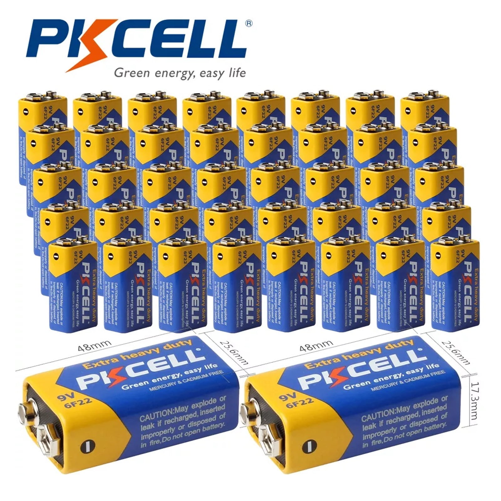 PKCELL 9V Battery, Long Lasting 9V Batteries, 50 Pack