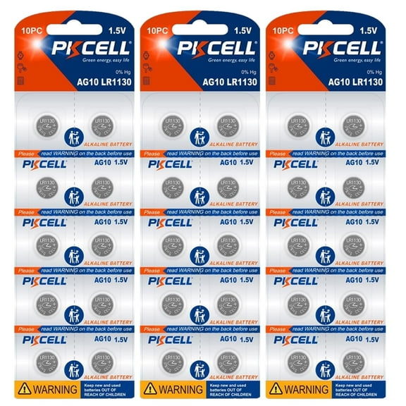 PKCELL AG10 LR1130 Battery 1.5V LR54 389 Alkaline Button Cell Battery fit for Watches, Toys, Calculators 30Pcs