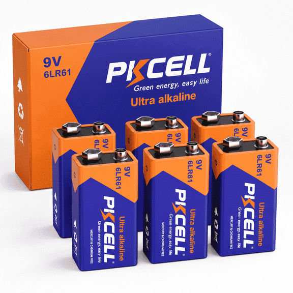 PKCELL 6 Pack Alkaline 9V Batteries, Long-Lasting 9 Volt Alkaline Batteries Perfect for Smoke Detectors