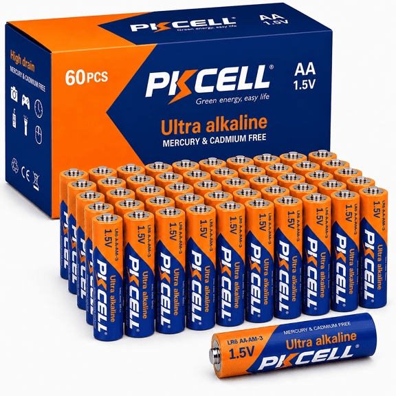 PKCELL Alkaline AA Batteries (60 Pack), 1.5V Long-Lasting Double A Batteries for Household and Business
