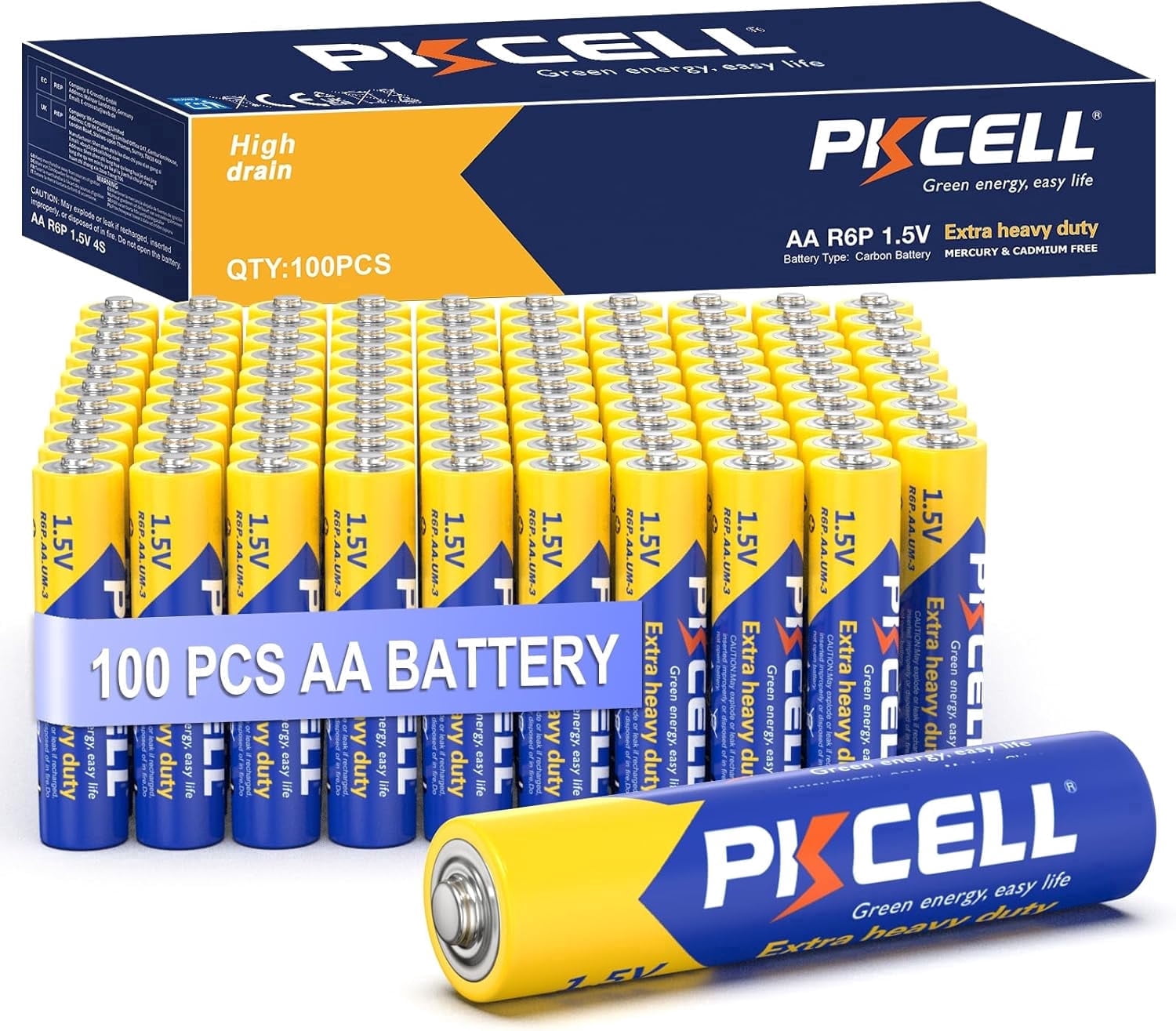 PKCELL Carbon Zinc AA Batteries (100 Pack), 1.5V Extra Heavy Duty Double A Batteries for Remote Control and Clocks